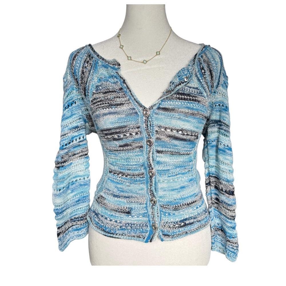 Blue Striped Cozy Crochet Y2K Button-Up Cardigan Top 2000s Knit Women’s Medium